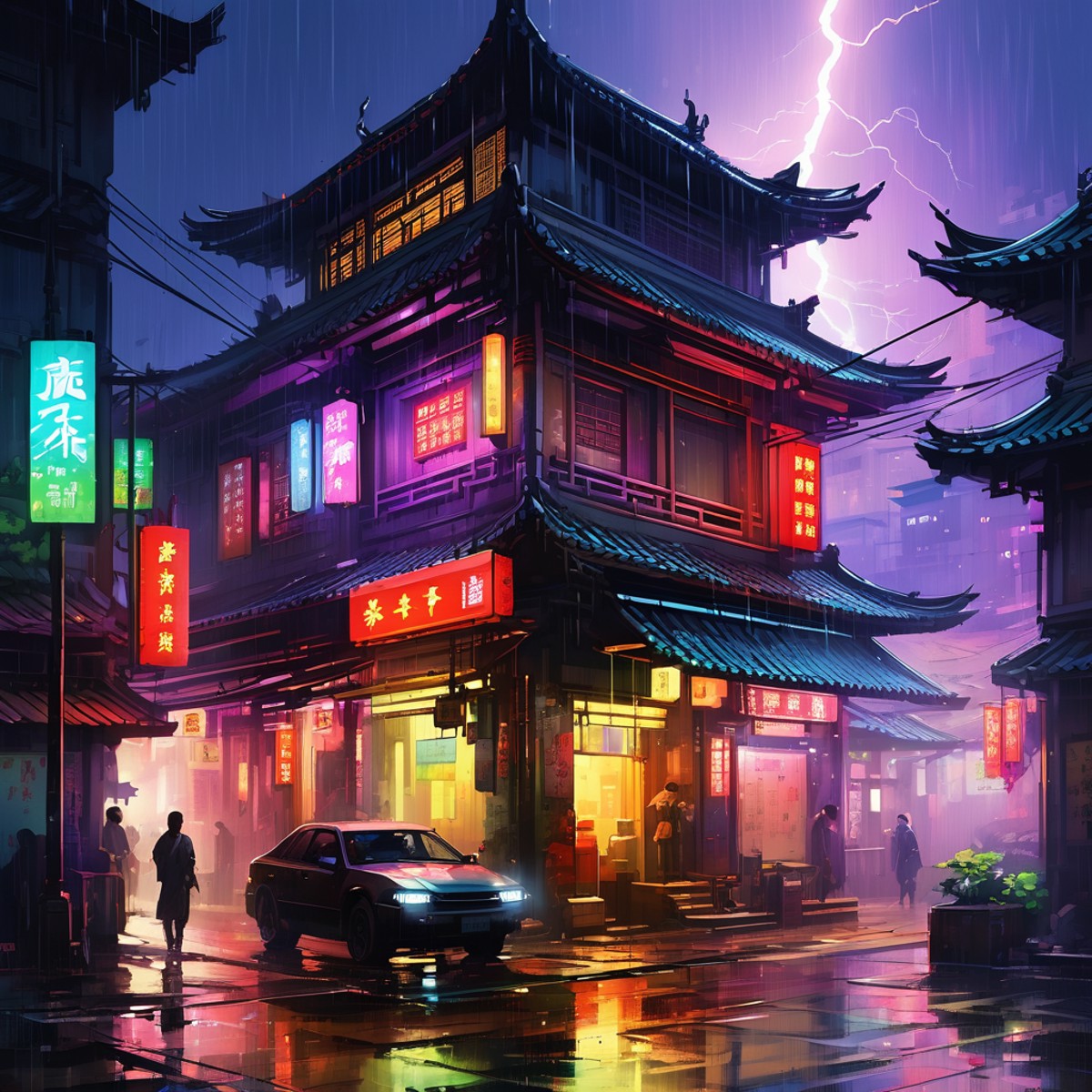 chinese cyberpunk city scene,chinese building,night,neo light,colorful,gowing,bloom,heavy rain,lightning,Fantastic light a...